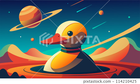 Cartoon space duck in a vibrant cosmic landscape with planets 114210425