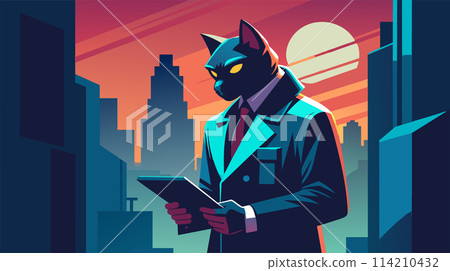 Anthropomorphic cat detective in a stylish suit standing in an urban sunset scene 114210432