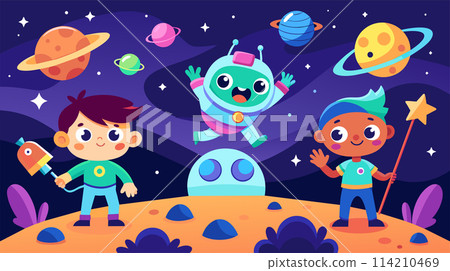 Children and robot friend exploring outer space in a colorful vector illustration 114210469