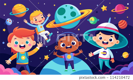 Happy children imagining space adventure in colorful vector illustration Happy children imagining space adventure in colorful vector illustration 114210472