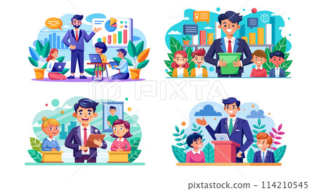 Colorful vector illustrations of business leadership and teamwork concepts 114210545
