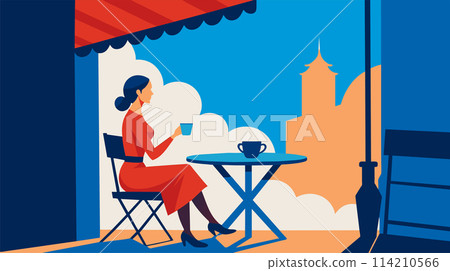 Elegant woman enjoying coffee at a street cafe vector illustration 114210566