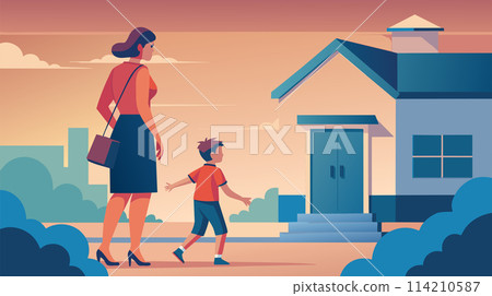 Mother and child walking towards home at sunset, family concept illustration Mother and child walking towards home at sunset, family concept illustration 114210587
