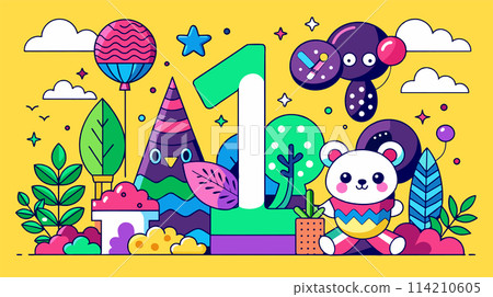 Colorful cartoon number 1 birthday celebration vector illustration Colorful cartoon number 1 birthday celebration vector illustration 114210605