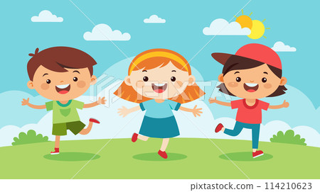 Happy children playing outdoors on sunny day illustration 114210623