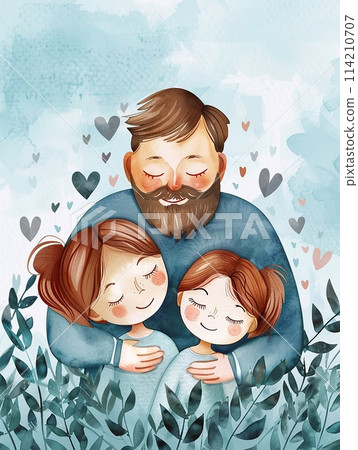 Father Day card set with cute watercolor images of father and son and daughter. 114210707