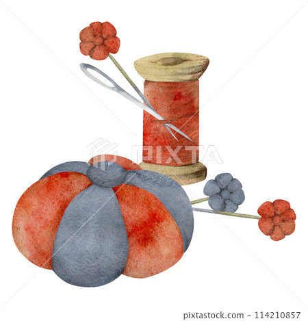 Hand drawn watercolor illustration sewing craft embroidery supplies. Wooden thread spool skein bobbin, pin cushion needles. Composition isolated on white background. Design atelier, tailor, hobby shop 114210857