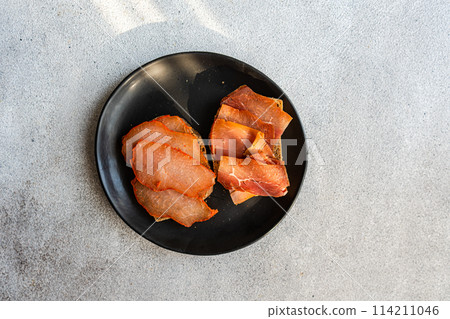 Toasts with rye bread and meat slices Toasts with rye bread and meat slices 114211046