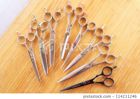 Hair scissors lined up on a table Hair scissors lined up on a table 114211246