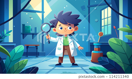 Curious young scientist exploring with a magnifying glass 114211340