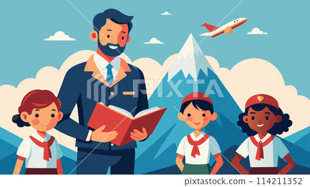 Pilot reading a book to children with airplane and mountains 114211352