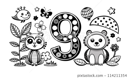Children's coloring book page with cute animals and number 9 Children's coloring book page with cute animals and number 9 114211354