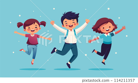 Happy children jumping with joy on a playful background 114211357