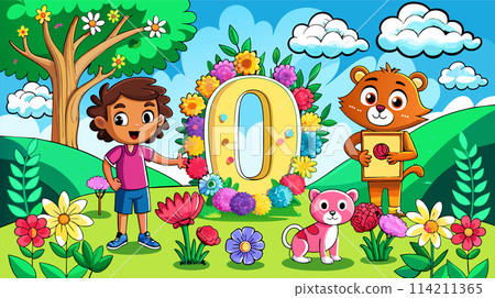 Cheerful children's illustration with animals and flowers in a fantasy landscape 114211365