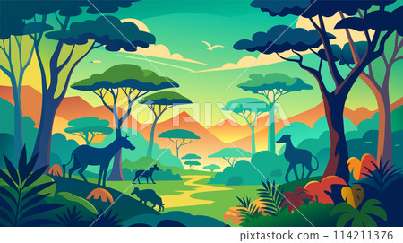 Colorful african safari landscape vector illustration with wildlife 114211376