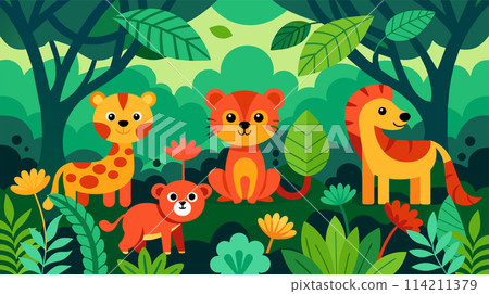 Cute safari animals in a lush green jungle vector illustration 114211379