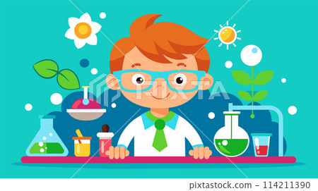 Cartoon boy conducting science experiments in a lab - education concept Cartoon boy conducting science experiments in a lab - education concept 114211390