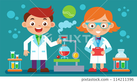 Cheerful cartoon children in science lab with equipment illustration 114211396