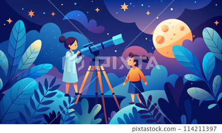 Children exploring space with telescope in a fantasy landscape Children exploring space with telescope in a fantasy landscape 114211397
