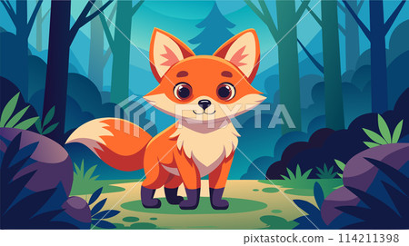Cute cartoon fox in a lush forest scenery vector illustration for children Cute cartoon fox in a lush forest scenery vector illustration for children 114211398