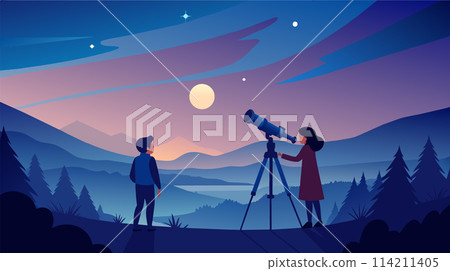 Stargazing friends with telescope in the mountains at dusk Stargazing friends with telescope in the mountains at dusk 114211405