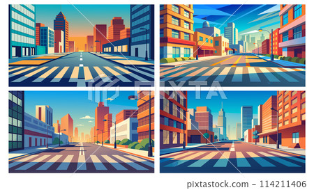 Urban cityscape vector illustration set - downtown streets and skyscrapers Urban cityscape vector illustration set - downtown streets and skyscrapers 114211406