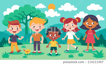 Happy diverse children playing outdoors, cheerful cartoon kids Happy diverse children playing outdoors, cheerful cartoon kids 114211407