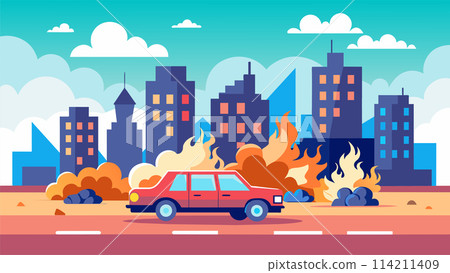 Car fire in urban setting vector illustration with cityscape Car fire in urban setting vector illustration with cityscape 114211409