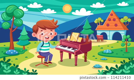 Happy cartoon boy playing piano outdoors near his colorful house Happy cartoon boy playing piano outdoors near his colorful house 114211410