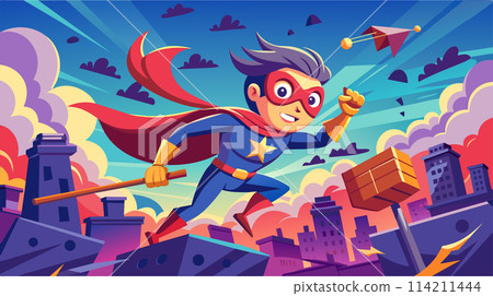 Colorful superhero vector illustration with dynamic city skyline background Colorful superhero vector illustration with dynamic city skyline background 114211444