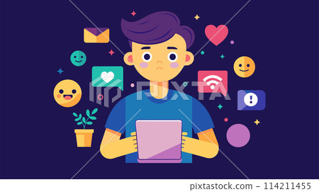 Young man surrounded by social media icons illustration 114211455