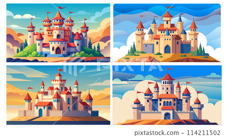 Fairy tale castles at different times of day, vector illustration set 114211502