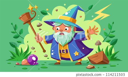 Cartoon wizard casting magic spell in enchanted forest scene Cartoon wizard casting magic spell in enchanted forest scene 114211503