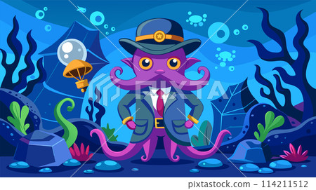 Cartoon octopus detective underwater adventure vector illustration Cartoon octopus detective underwater adventure vector illustration 114211512
