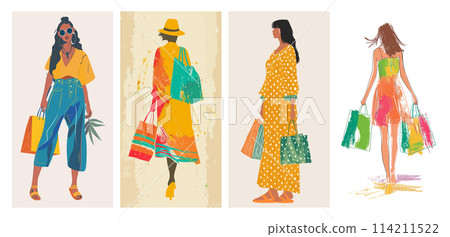 Fashionable women illustration set, stylish shopping and outfits vector Fashionable women illustration set, stylish shopping and outfits vector 114211522