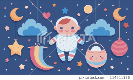 Cute cartoon baby floating among stars and moons in whimsical night sky 114211526