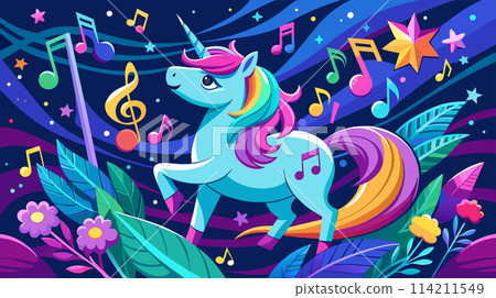 Colorful unicorn cartoon dancing with musical notes in a fantasy landscape Colorful unicorn cartoon dancing with musical notes in a fantasy landscape 114211549