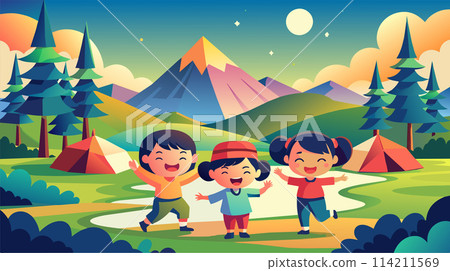 Happy children camping in a scenic mountain landscape at dusk Happy children camping in a scenic mountain landscape at dusk 114211569