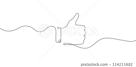 Hand making thumbs-up gesture in continuous line style, vector graphic depicting, representing approval and positivity. Ideal for use in social media, Hand making thumbs-up gesture in continuous line style, vector graphic depicting, representing approval and positivity. Ideal for use in social media, 114211682