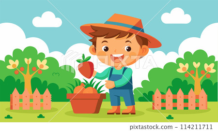Smiling cartoon boy gardening, picking organic apples in orchard 114211711