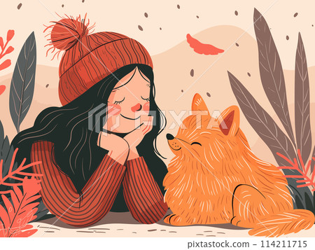 Happy girl enjoying a moment with a cute dog 114211715