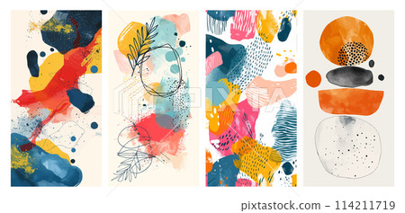 Abstract art panels with vibrant color splashes and patterns 114211719