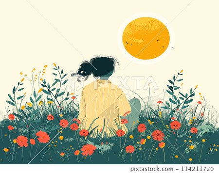Woman enjoying a peaceful golden sunset in a flower field 114211720