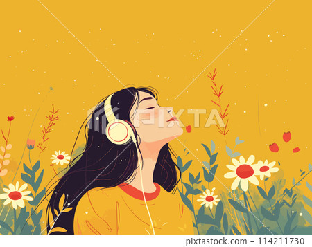 Woman enjoying music with flowers and nature Woman enjoying music with flowers and nature 114211730