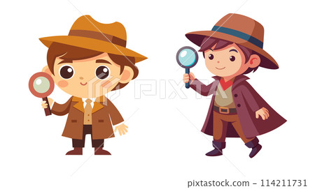 Cute cartoon children dressed as detectives with magnifying glasses Cute cartoon children dressed as detectives with magnifying glasses 114211731