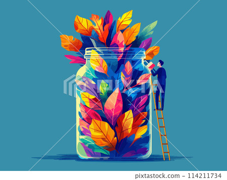 Artist painting vibrant autumn leaves in a giant jar Artist painting vibrant autumn leaves in a giant jar 114211734