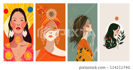 Set of four stylish vector illustrations of women with abstract elements 114211740
