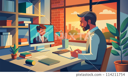 Professional man having video conference in modern home office Professional man having video conference in modern home office 114211754