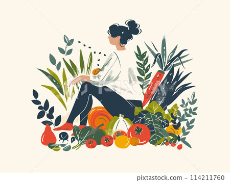 Illustration of woman enjoying a bountiful harvest of vegetables Illustration of woman enjoying a bountiful harvest of vegetables 114211760