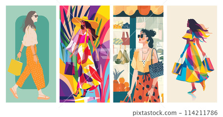 Stylish women shopping and walking in vibrant illustrated scenes Stylish women shopping and walking in vibrant illustrated scenes 114211786